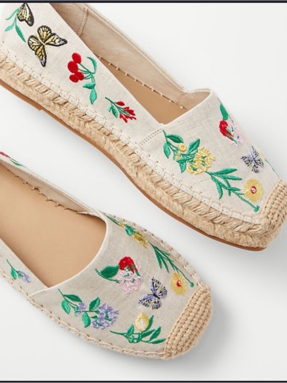 Ann Taylor Natural Canvas Espadrilles with Multicolor Floral Embroidery